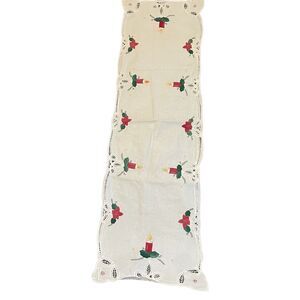 Vintage Embroidered Table Runner Christmas Lace Edges Candle Poinsettia 49 x 14